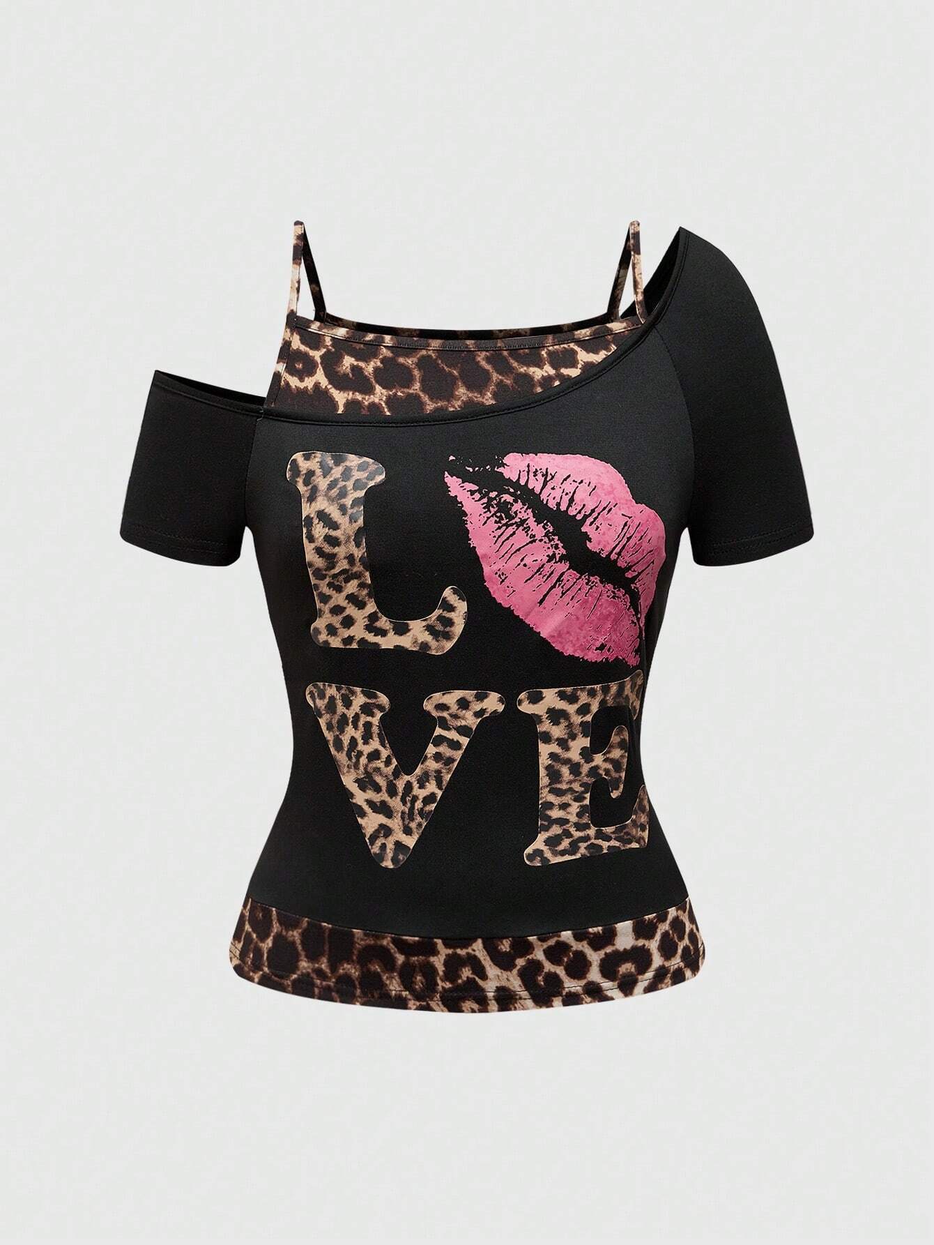 Ella - Damen Off-Shoulder Top mit wildem Leo-Print und stylischem Statement-Design